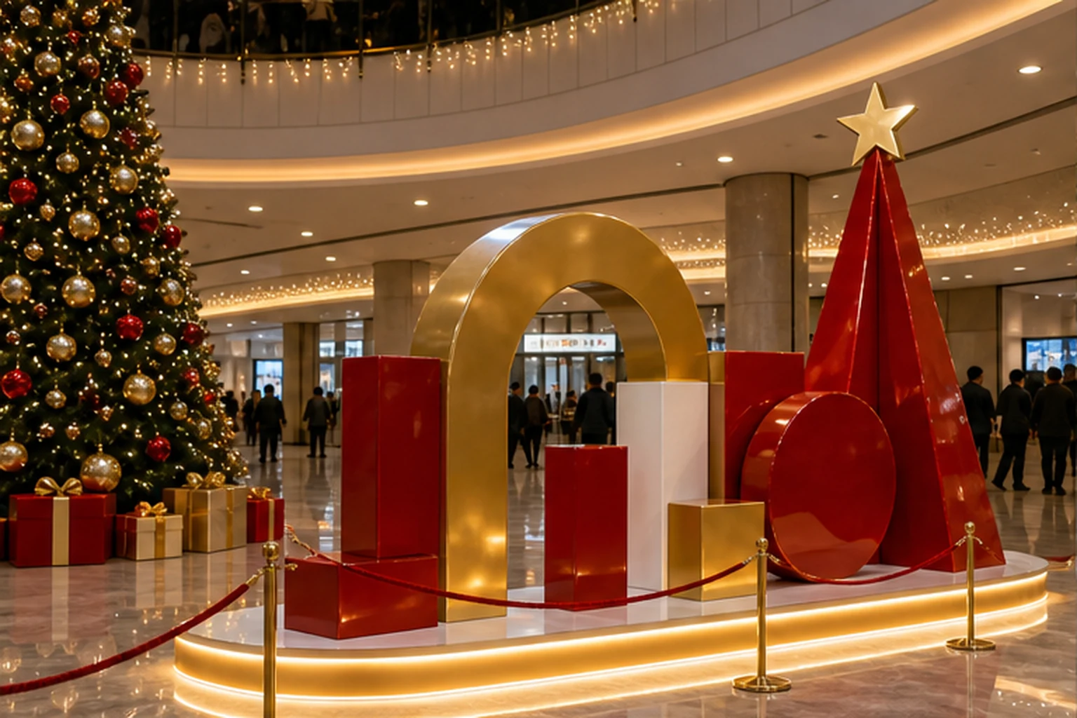 Khu check-in trong trung tâm thương mại với chữ Noel 3D composite, cây thông, hộp quà và ánh sáng ấm để minh họa hiệu ứng...