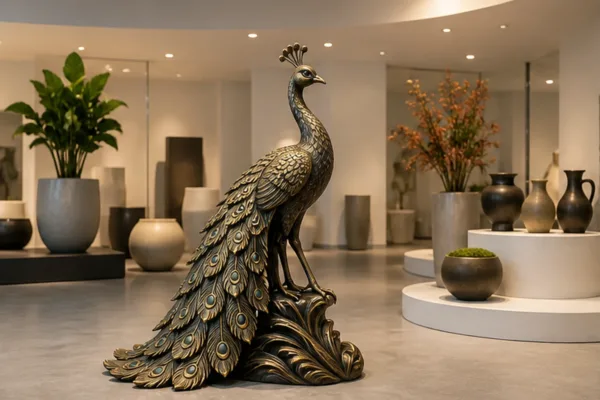 Con công composite hoàn thiện hiệu ứng giả đồng đặt trong showroom với khoảng lùi đủ rộng để minh họa sự cân bằng không gian