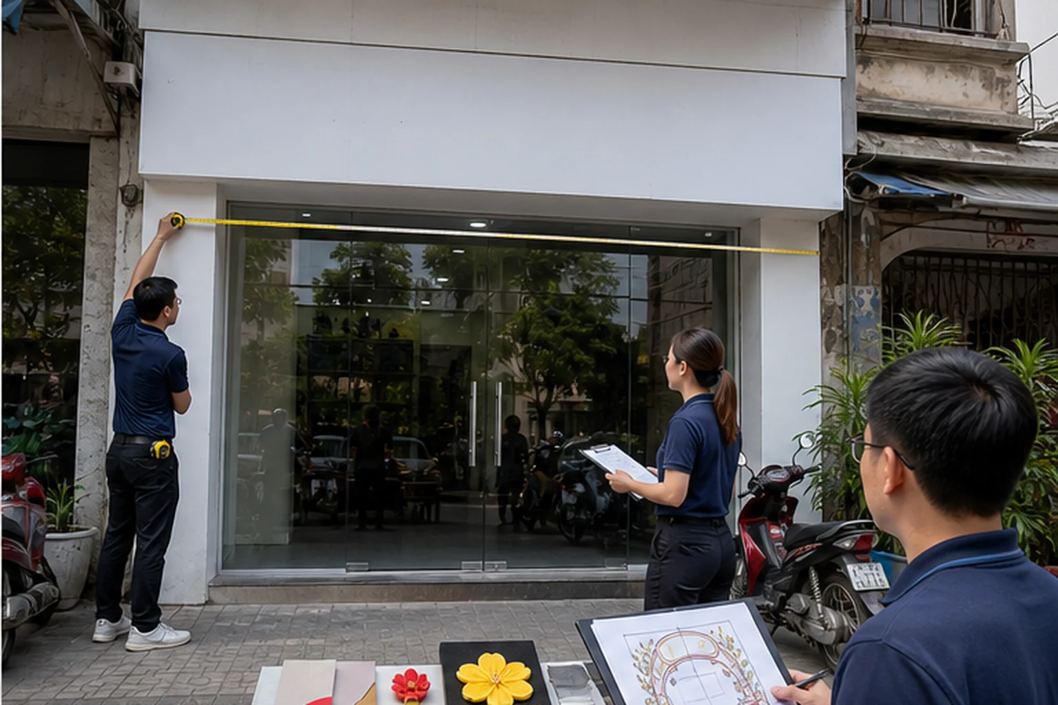 Nhân viên đo đạc mặt tiền cửa hàng trên phố, người khác ghi chú khảo sát trước khi sản xuất mô hình composite trang trí.