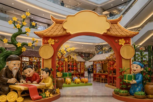Khu check-in dân gian trong trung tâm thương mại với cổng chủ đề composite, chữ nổi thương hiệu và quầy trò chơi Tết