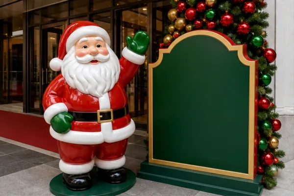 cụm check-in sự kiện Noel với mô hình ông già Noel composite, logo thương hiệu và phông nền đỏ xanh để minh họa điểm nhấn...