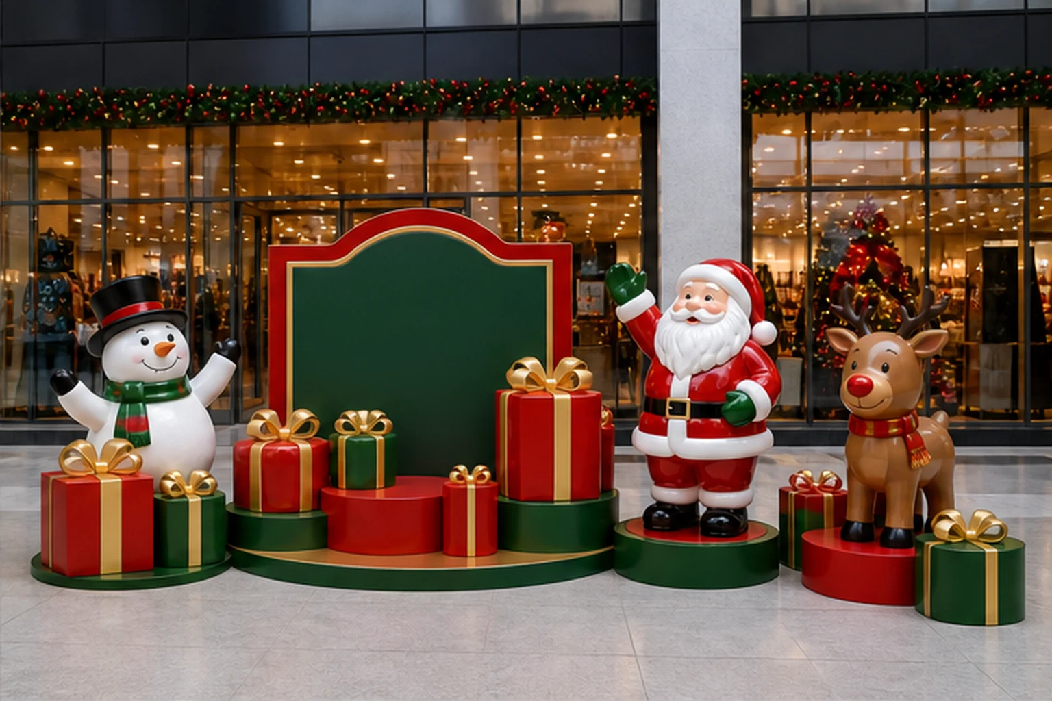 Cụm trang trí Giáng sinh trước cửa hàng với mô hình người tuyết, ông già Noel, tuần lộc, bảng xanh viền đỏ và nhiều hộp...