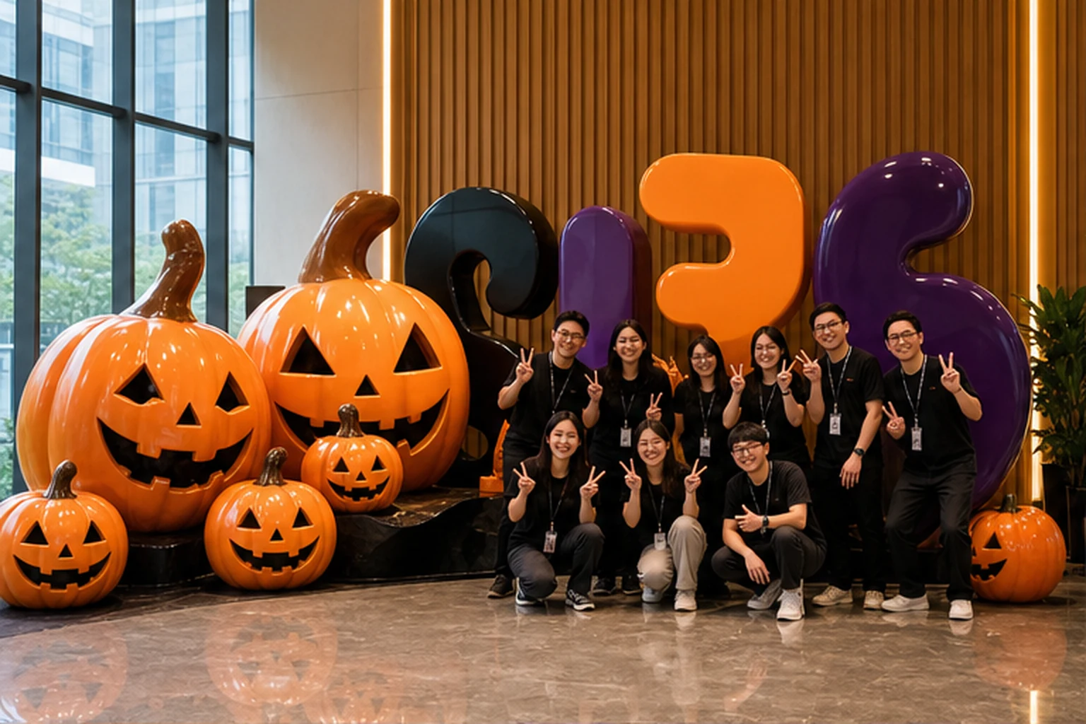 khu check-in Halloween trong sảnh công ty với mô hình bí ngô composite, cụm chữ thương hiệu và nhân viên chụp ảnh nhóm