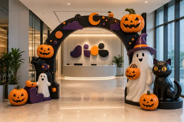 sảnh lễ tân công ty được trang trí Halloween bằng cổng composite, logo nổi và cụm nhân vật vui nhộn không che lối đi