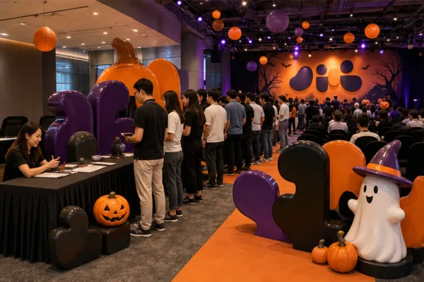 sự kiện nội bộ Halloween với cụm chữ composite ở lối đón khách, sân khấu gọn và nhân viên xếp hàng check-in