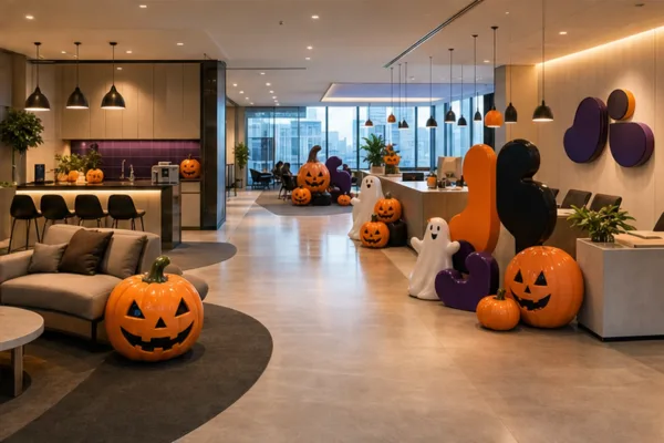 nhiều khu vực công ty được trang trí Halloween đồng bộ bằng mô hình composite gồm sảnh, pantry và góc check-in cùng bảng màu