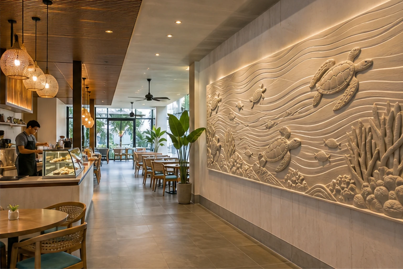 khu cafe trong khách sạn có phù điêu composite nhẹ trên tường và lối phục vụ thông thoáng để minh họa decor dễ vận hành