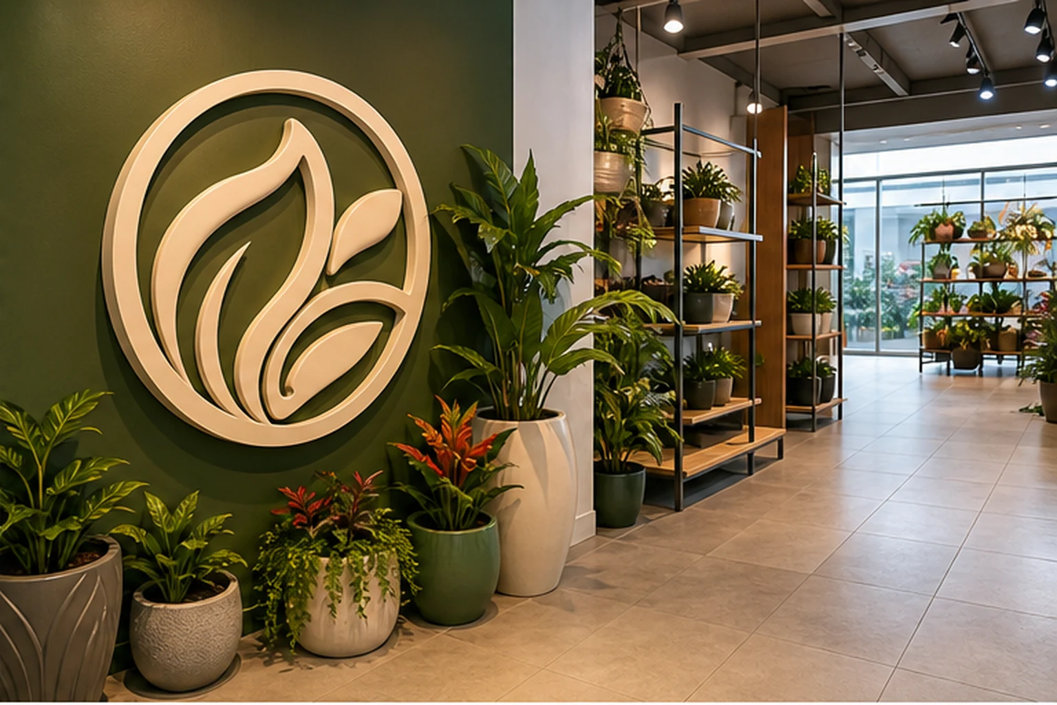 Góc cửa hàng nhỏ với logo nổi hình lá trên tường xanh, nhiều chậu cây trang trí, kệ trưng bày và lối đi thông thoáng.
