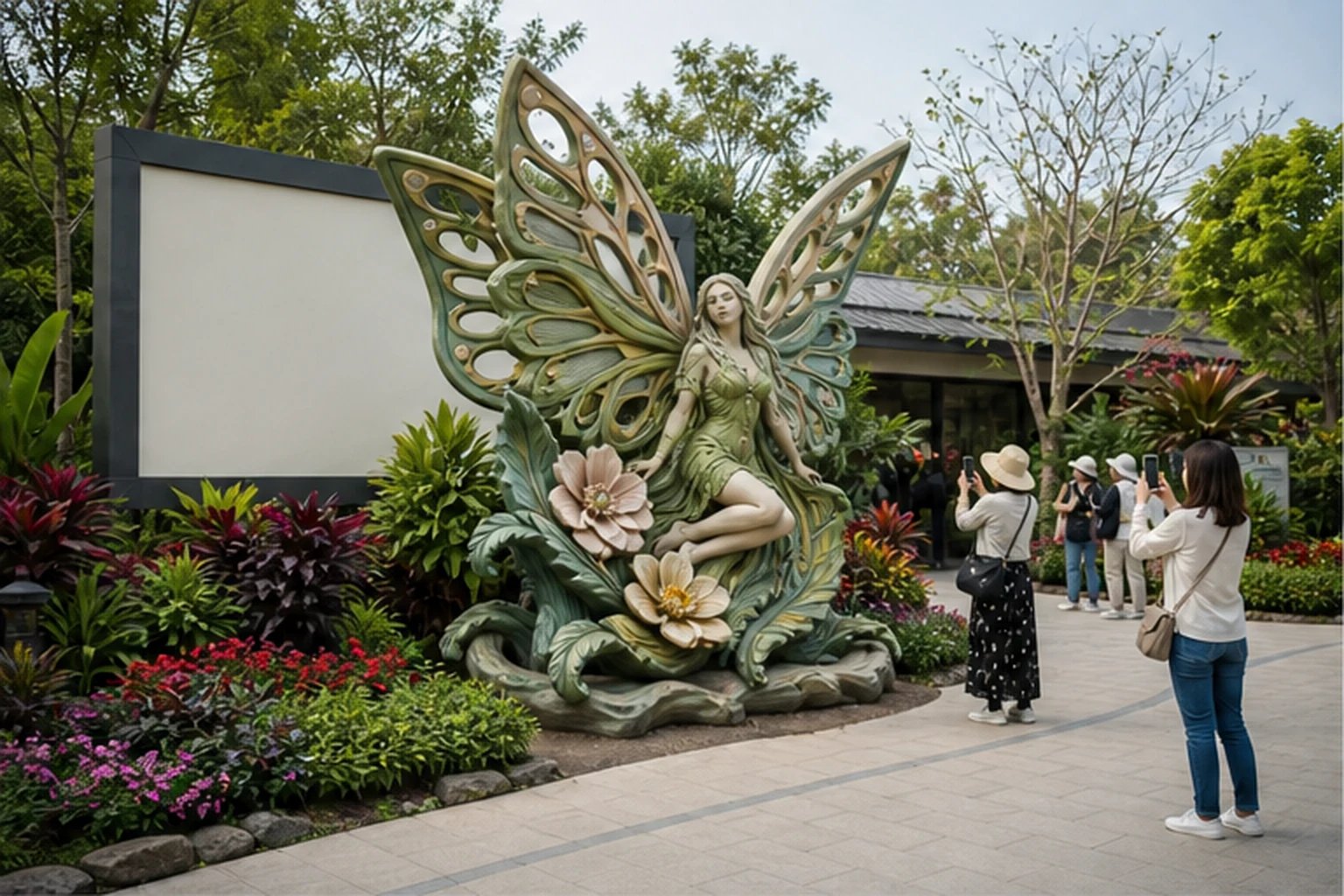Khu tiểu cảnh sân vườn thương mại với mô hình tượng nữ có cánh làm điểm nhấn, nhiều cây xanh và hoa bao quanh, lối đi lát...