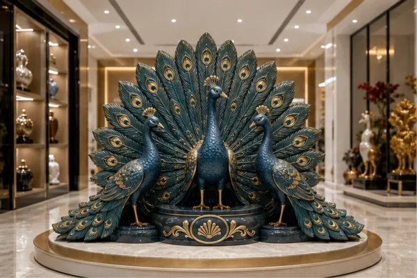cụm mô hình công composite đặt trong showroom, đuôi lông xòe vừa phải, logo thương hiệu rõ ở trung tâm để minh họa bố cục...