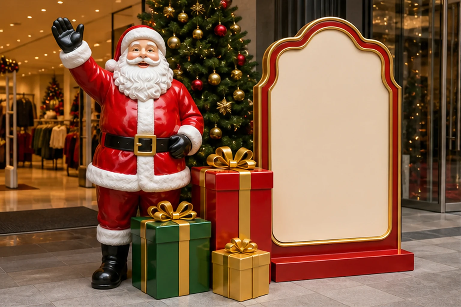 Tượng ông già Noel composite đứng bên cây thông Noel, các hộp quà lớn và bảng trang trí đỏ viền vàng trước lối vào showroom.