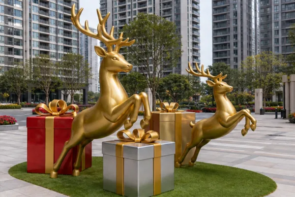 Mô hình Noel ngoài trời bằng composite tại khu đô thị với tuần lộc, hộp quà lớn và lớp sơn ánh kim chịu thời tiết