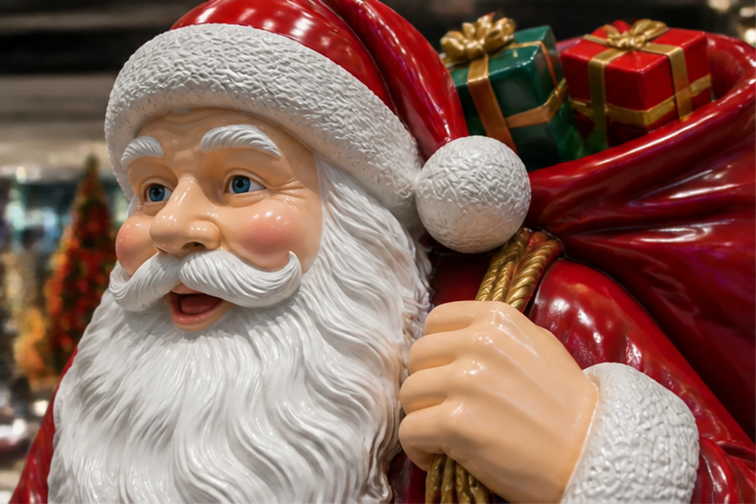 Cận cảnh tượng ông già Noel sơn bóng với râu trắng, mũ đỏ, tay cầm túi quà và các hộp quà phía sau trong không gian shop