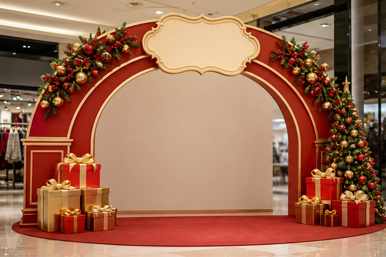 Phông Noel khung vòm đỏ viền vàng trong trung tâm thương mại, trang trí cụm cành thông, bóng đỏ vàng, cây thông và các...