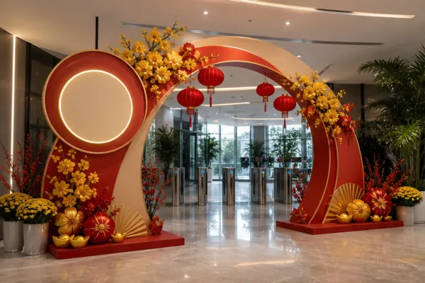 sảnh công ty được trang trí Tết với cổng chào composite, logo thương hiệu và góc check in cho nhân viên khách hàng