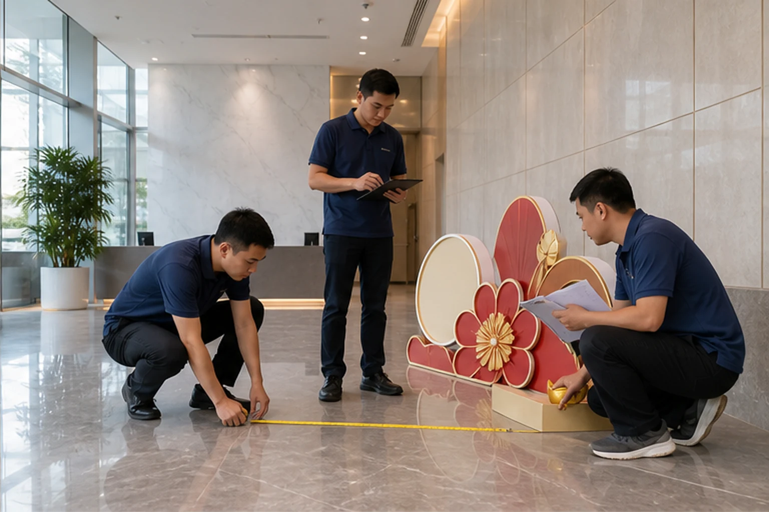 Đội thi công khảo sát sảnh văn phòng, đo lối đi và kiểm tra bản vẽ cạnh cụm mô hình composite trang trí Tết màu đỏ vàng.