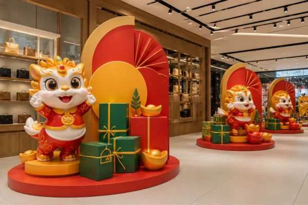 Bộ mô hình Tết composite đồng bộ cho chuỗi cửa hàng gồm mascot, hộp quà, sản phẩm phóng lớn và màu thương hiệu để minh...