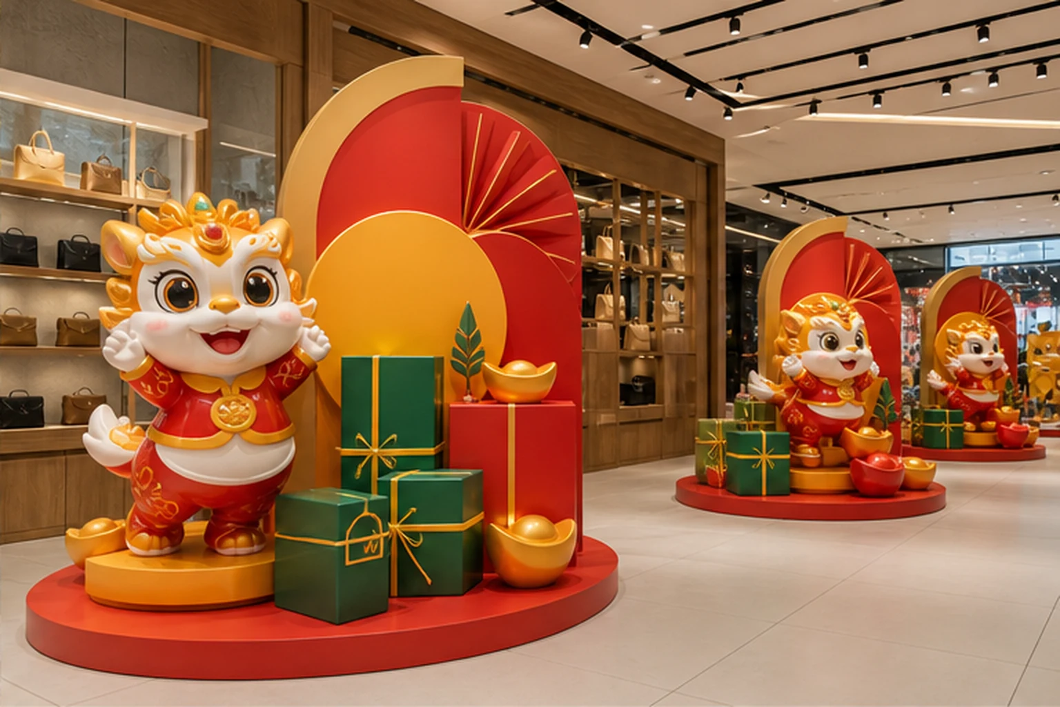 Mô hình mascot Tết composite đặt trên bệ thấp trong showroom, kết hợp hộp quà xanh đỏ, phông trang trí đỏ vàng và bề mặt...