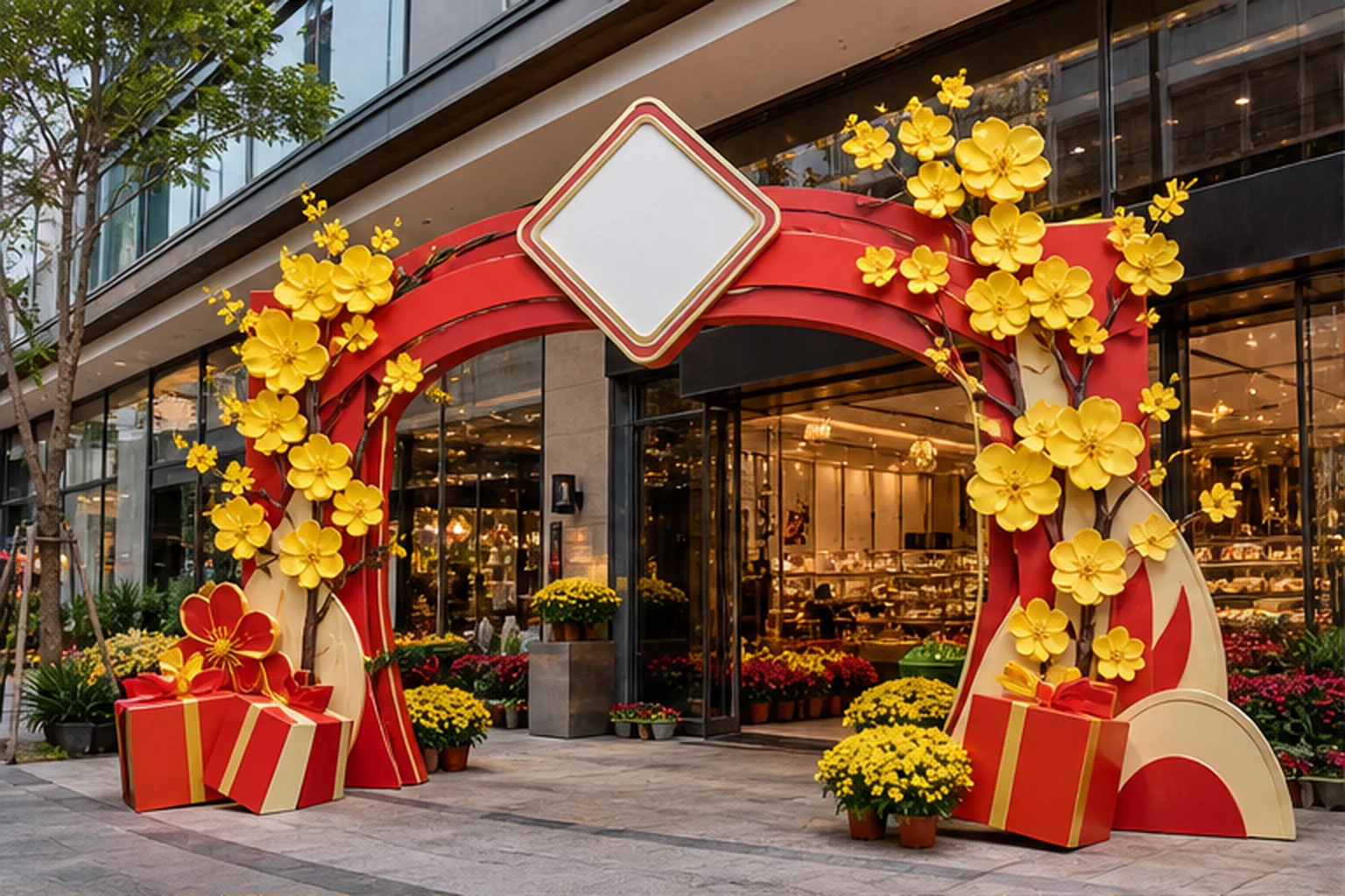 cổng chào Tết bằng composite đặt trước mặt tiền shop, có hoa mai, hộp quà và logo thương hiệu để minh họa điểm hút khách...