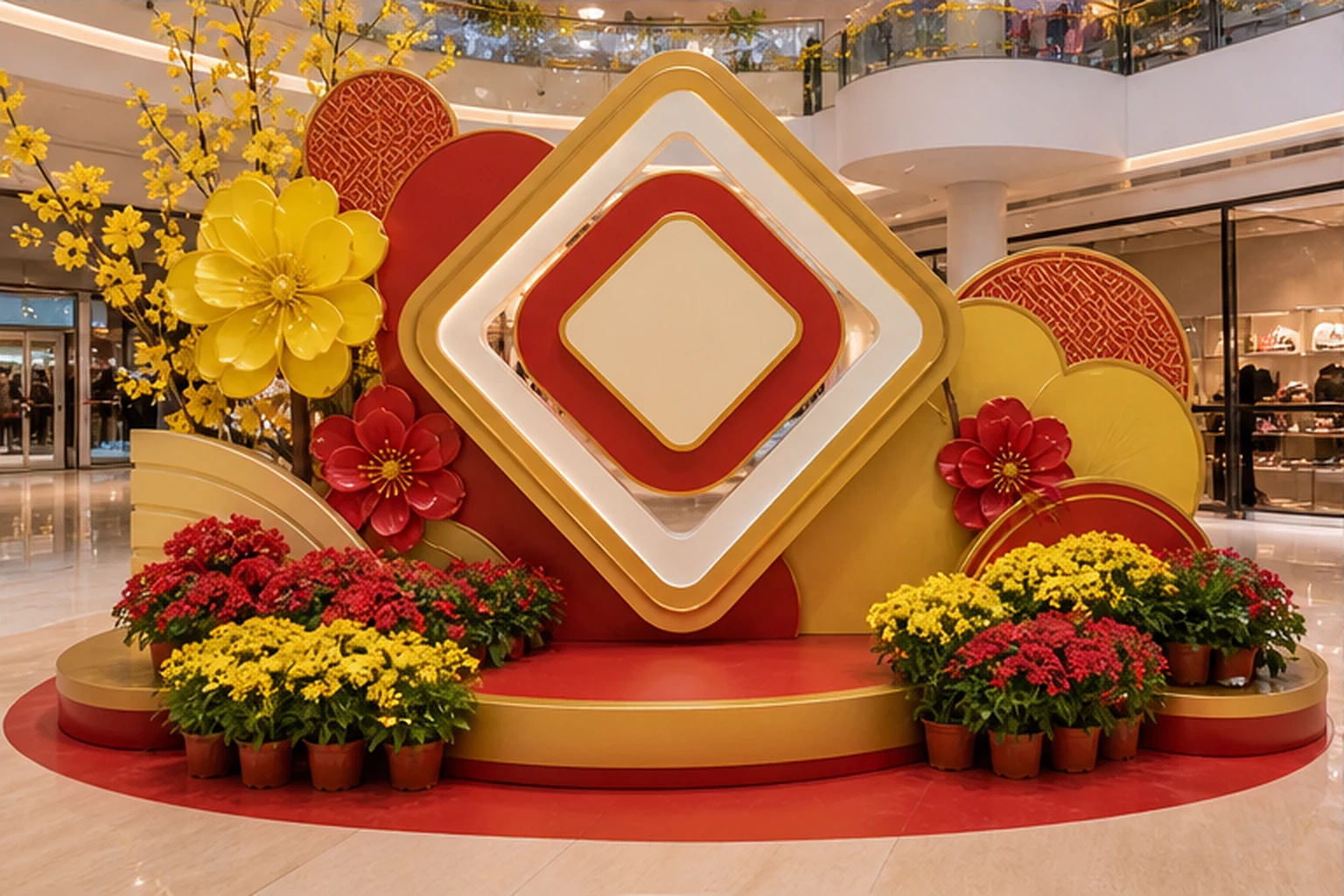 cụm chữ nổi và logo thương hiệu làm bằng composite trong khu trang trí Tết của trung tâm thương mại, minh họa vị trí logo...