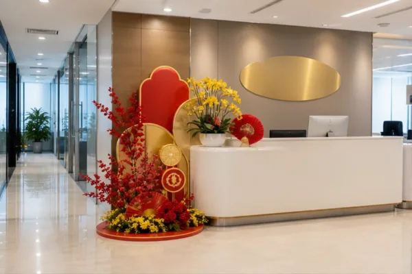 Cụm mô hình composite trang trí Tết tại quầy lễ tân văn phòng nhỏ, có chữ chúc Tết, logo doanh nghiệp và phụ kiện gọn để...