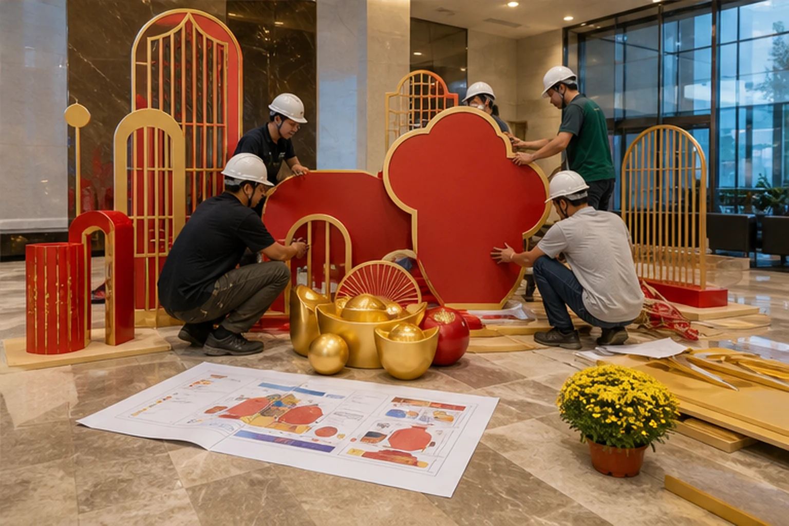 Đội thi công đội mũ bảo hộ đang lắp đặt booth trang trí sự kiện màu đỏ vàng trong sảnh doanh nghiệp, với các module gọn,...