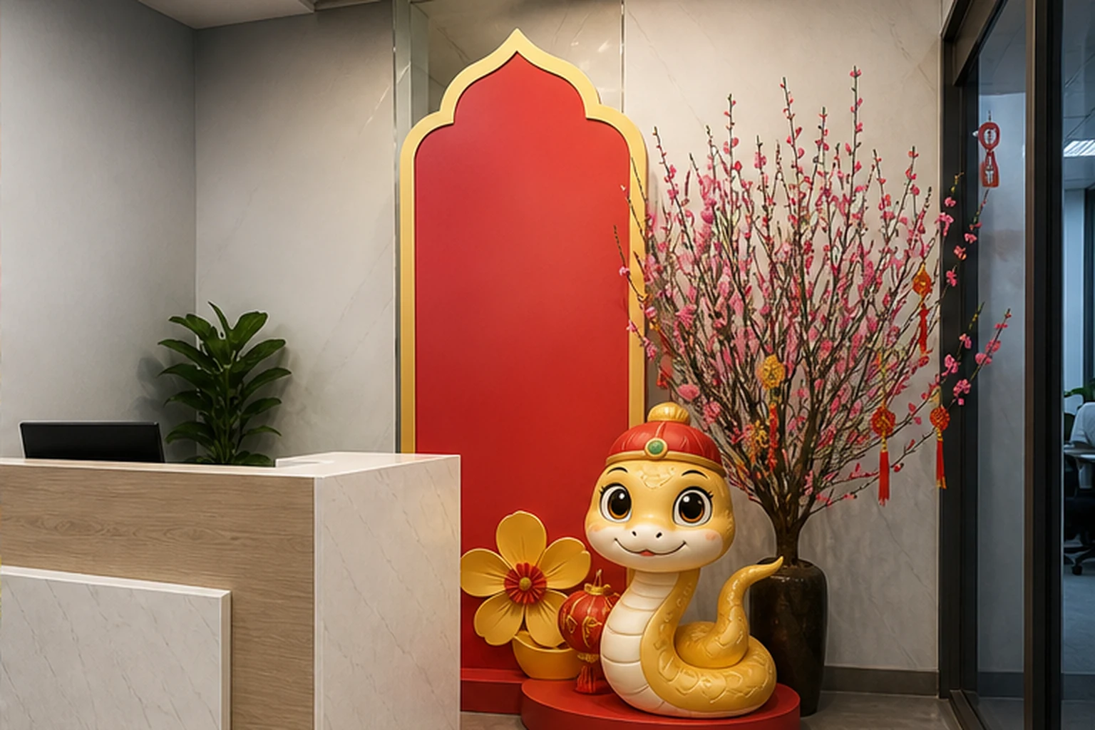 quầy lễ tân nhỏ được trang trí Tết theo chiều cao với bảng chúc Tết, cành đào và linh vật composite gọn sát tường