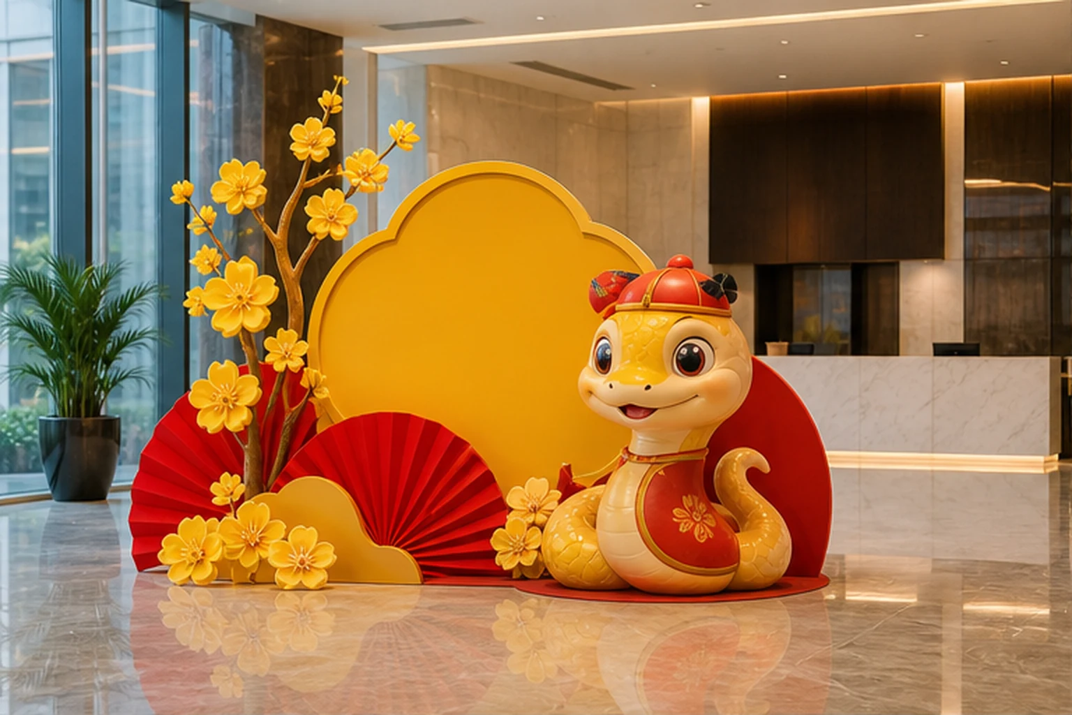 Cụm decor trong sảnh thương mại với tượng composite linh vật rắn màu vàng đỏ, logo nổi màu vàng và cây hoa mai trang trí.