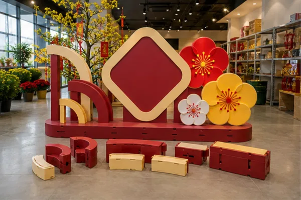 Bộ module decor Tết bằng composite gồm bệ, chữ, logo và hoa lớn có thể tháo lắp để dùng lại nhiều mùa