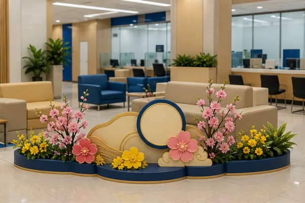 Khu khách chờ ngân hàng với cụm decor Tết thấp bằng composite, màu sắc nhẹ nhàng và lối đi thông thoáng