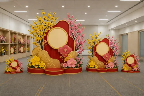 Bộ mẫu trang trí Tết ngân hàng cho nhiều chi nhánh với phiên bản lớn nhỏ, logo thống nhất và cụm composite chủ đạo