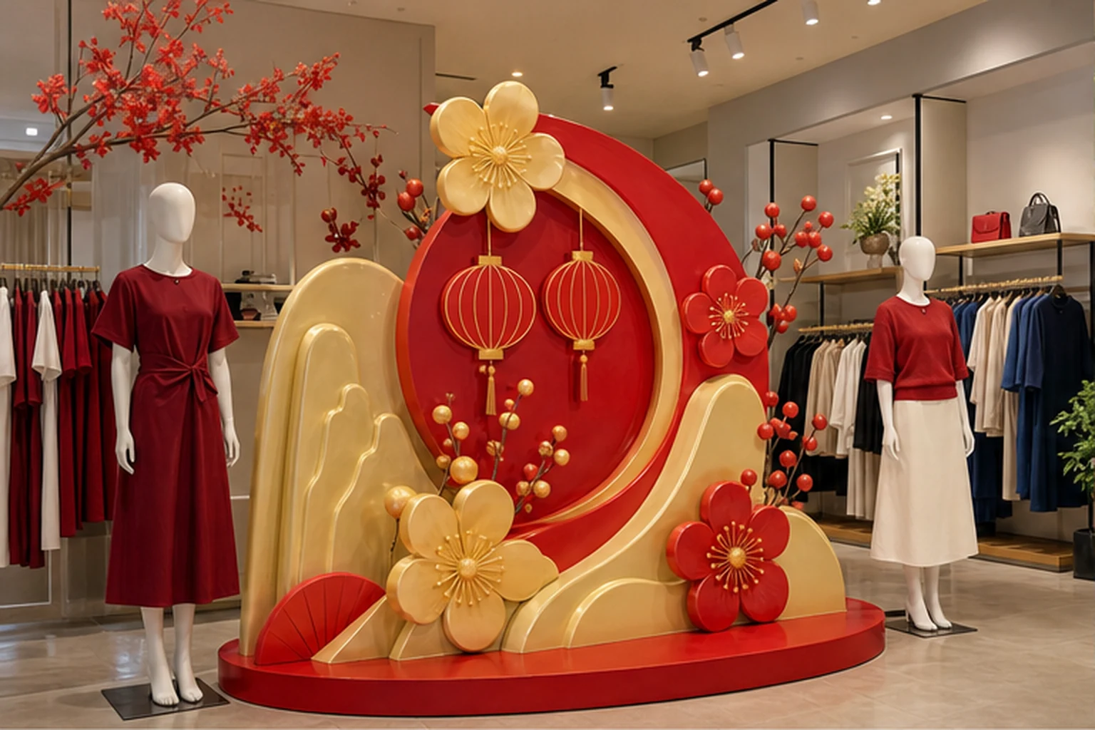 Bản phác thảo concept Tết cho shop thời trang với mô hình composite làm chủ thể chính, màu thương hiệu được giữ lại và...