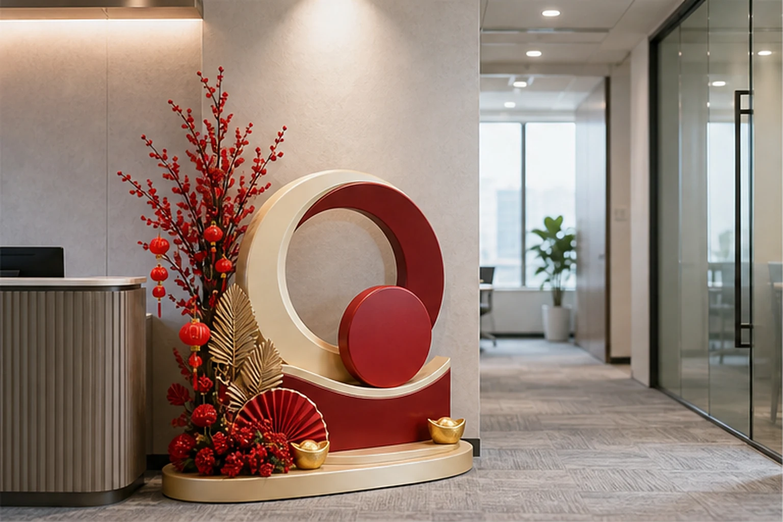 Văn phòng nhỏ có một cụm Tết gọn tại góc lễ tân với bệ logo composite, bảng chúc năm mới và lối đi còn rộng để minh họa...