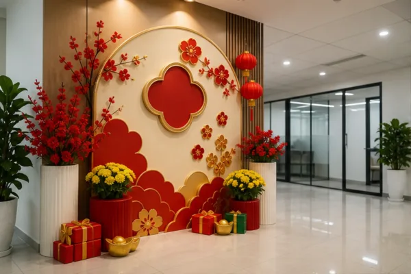 Cụm decor Tết bằng composite tại vách logo văn phòng nhỏ với chữ chúc Tết, bệ hoa và hộp quà gọn, minh họa cách tạo điểm...