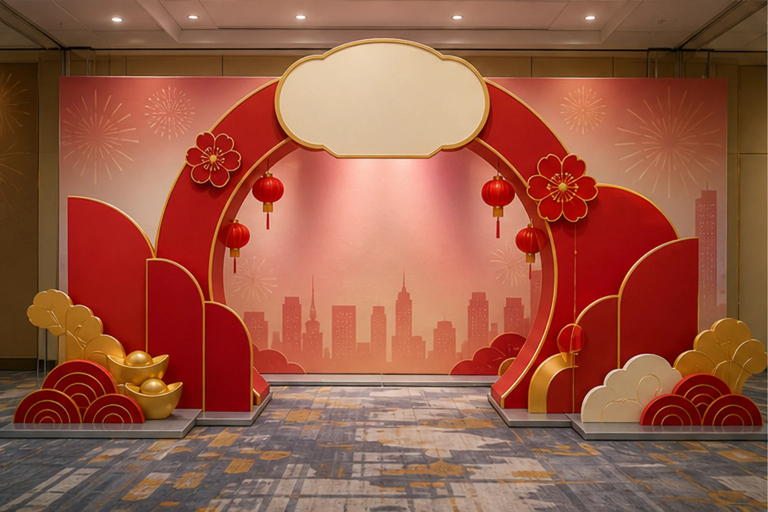 Backdrop sự kiện khai xuân có chữ nổi composite, cổng vào chia module và khu chụp ảnh doanh nghiệp, minh họa phương án...