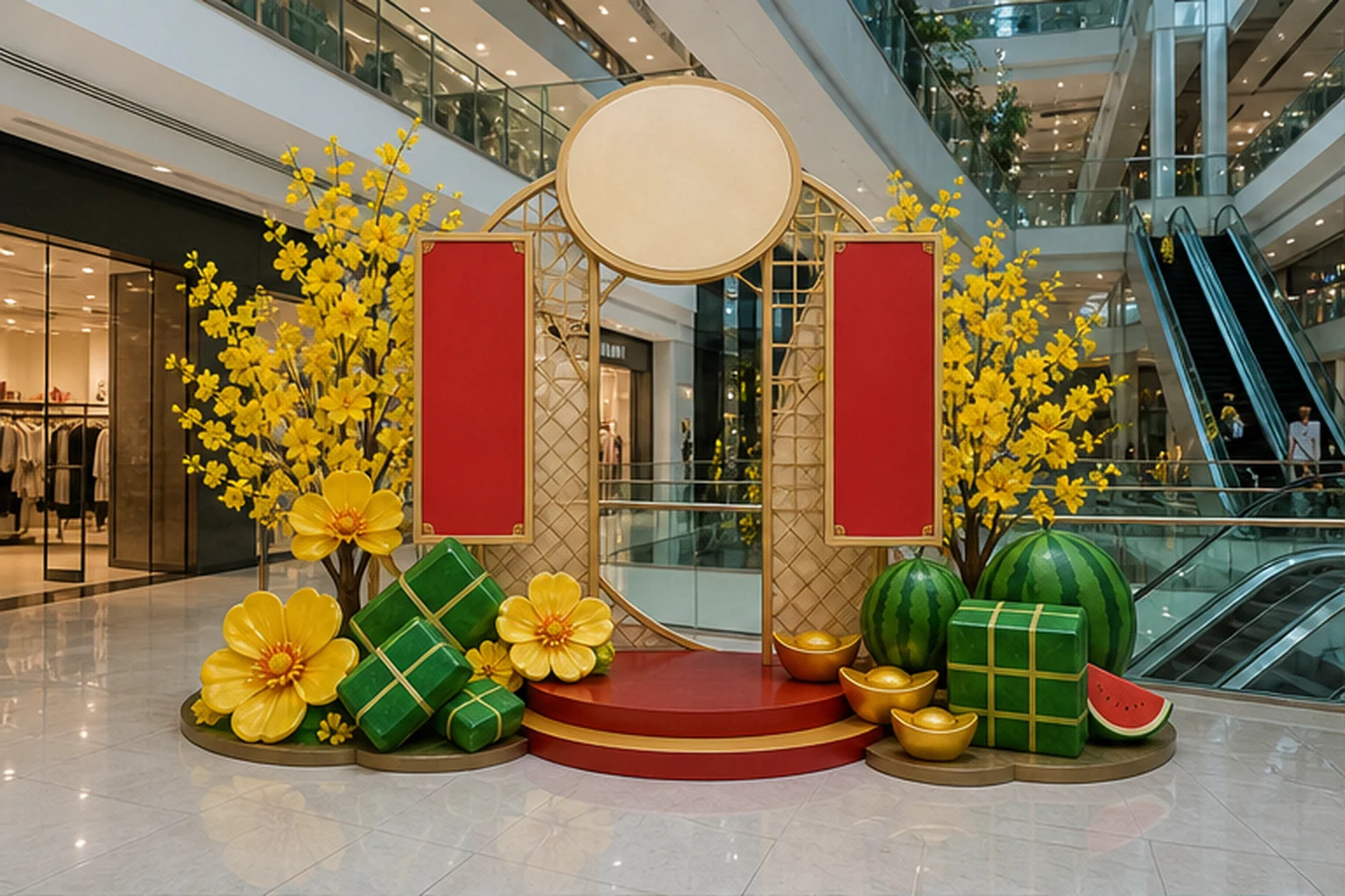 Cụm trang trí Tết kích thước lớn trong sảnh thông tầng trung tâm thương mại với bục check-in đỏ, khung vàng, câu đối, hoa...