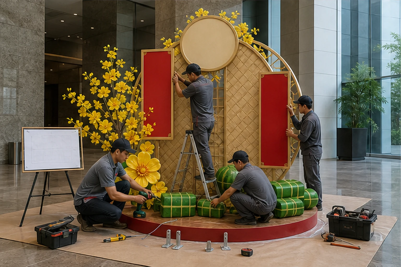 Đội thi công lắp đặt các module decor Tết với hoa mai vàng, backdrop tròn, bảng đỏ và khối quà xanh trong sảnh công ty,...