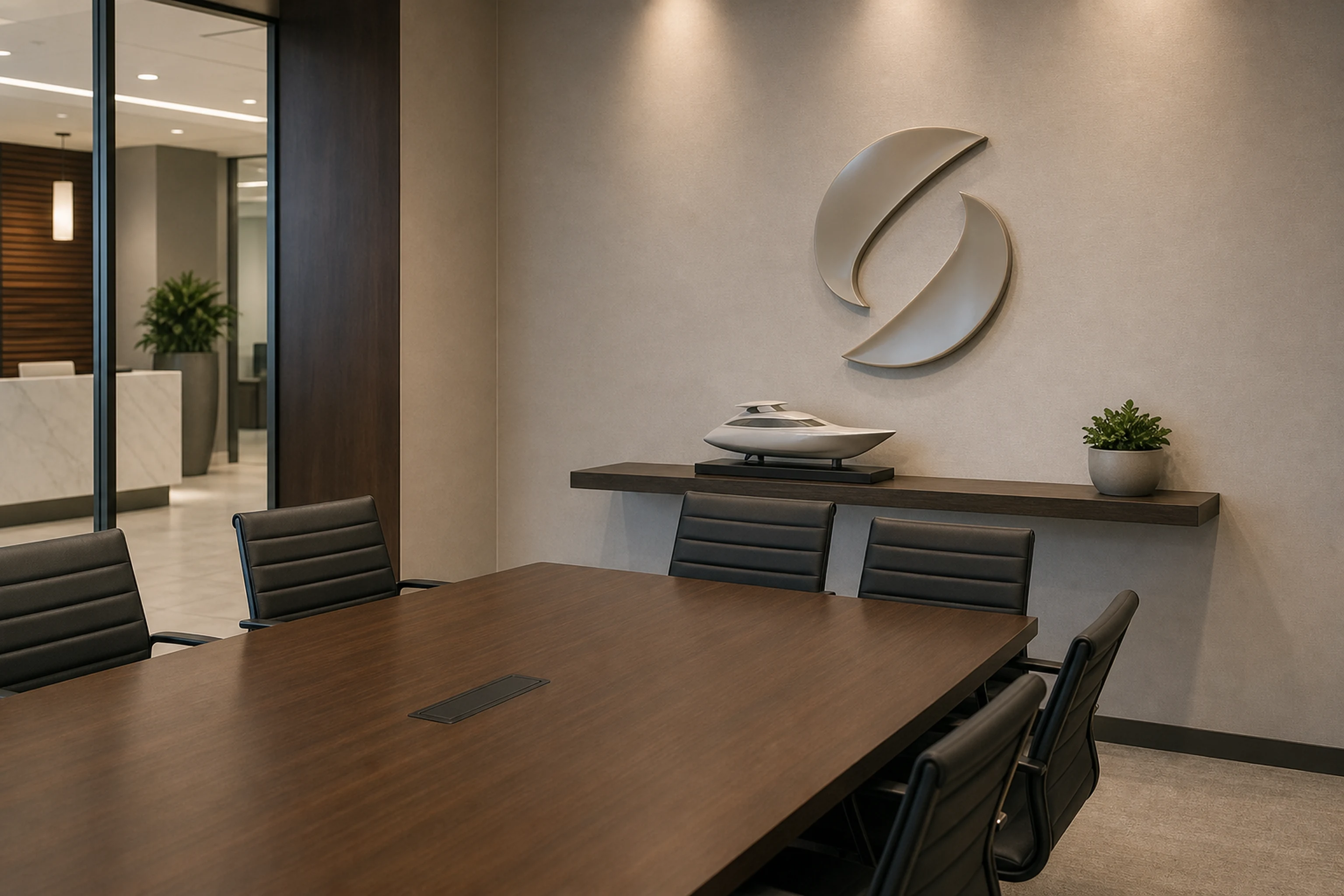phòng họp có logo composite mỏng và mô hình sản phẩm nhỏ trên kệ để minh họa decor thương hiệu vừa đủ trong không gian...