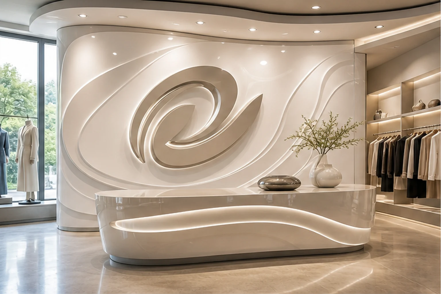 Không gian thương mại cao cấp với quầy check-in cong và mảng tường phù điêu composite trắng dạng logo nổi, phối cùng hệ...