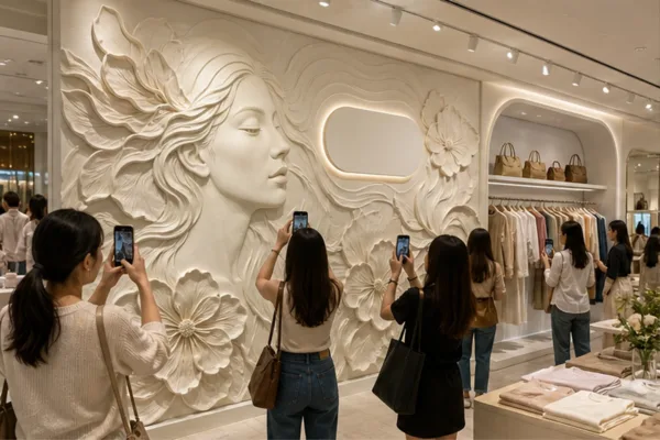 Tranh phù điêu composite trong shop với khách check-in và logo thương hiệu trong khung hình