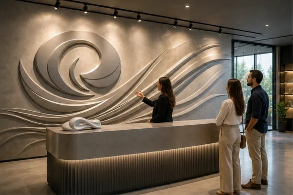 Tranh phù điêu composite 3D trong showroom với logo và khu trưng bày