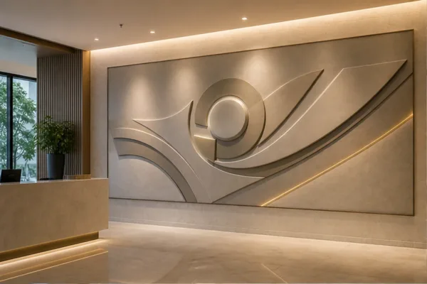 Tranh phù điêu composite đặt tại sảnh showroom với logo nổi và mảng tường nhận diện thương hiệu