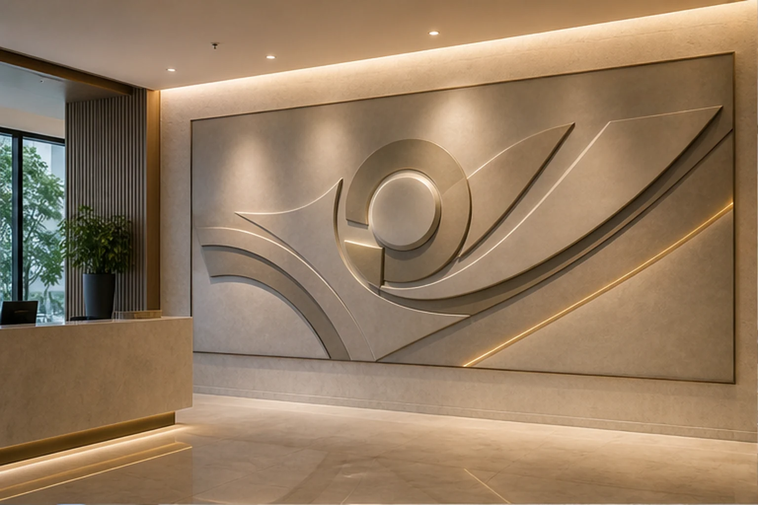 Bức tranh phù điêu nổi khổ lớn trên tường sảnh showroom với logo tròn và các mảng hình học nhận diện thương hiệu màu...