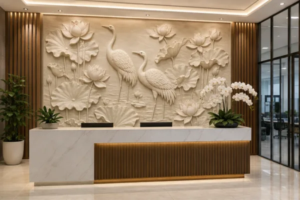 Sảnh lễ tân với mảng tường lớn trang trí tranh sen hạc nổi khối màu sáng sau quầy tiếp khách.