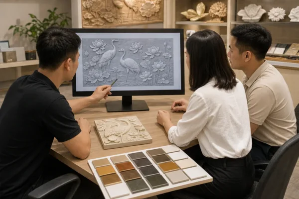 Khách hàng và đội thiết kế xem bản vẽ phù điêu sen hạc trên máy tính cạnh mẫu màu composite.