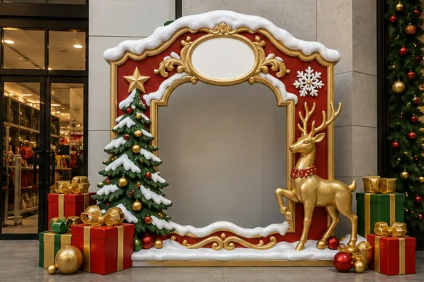 Cụm tranh Noel composite đặt tại cửa hàng với khung viền nổi, hộp quà và logo thương hiệu để minh họa điểm chụp ảnh mùa lễ