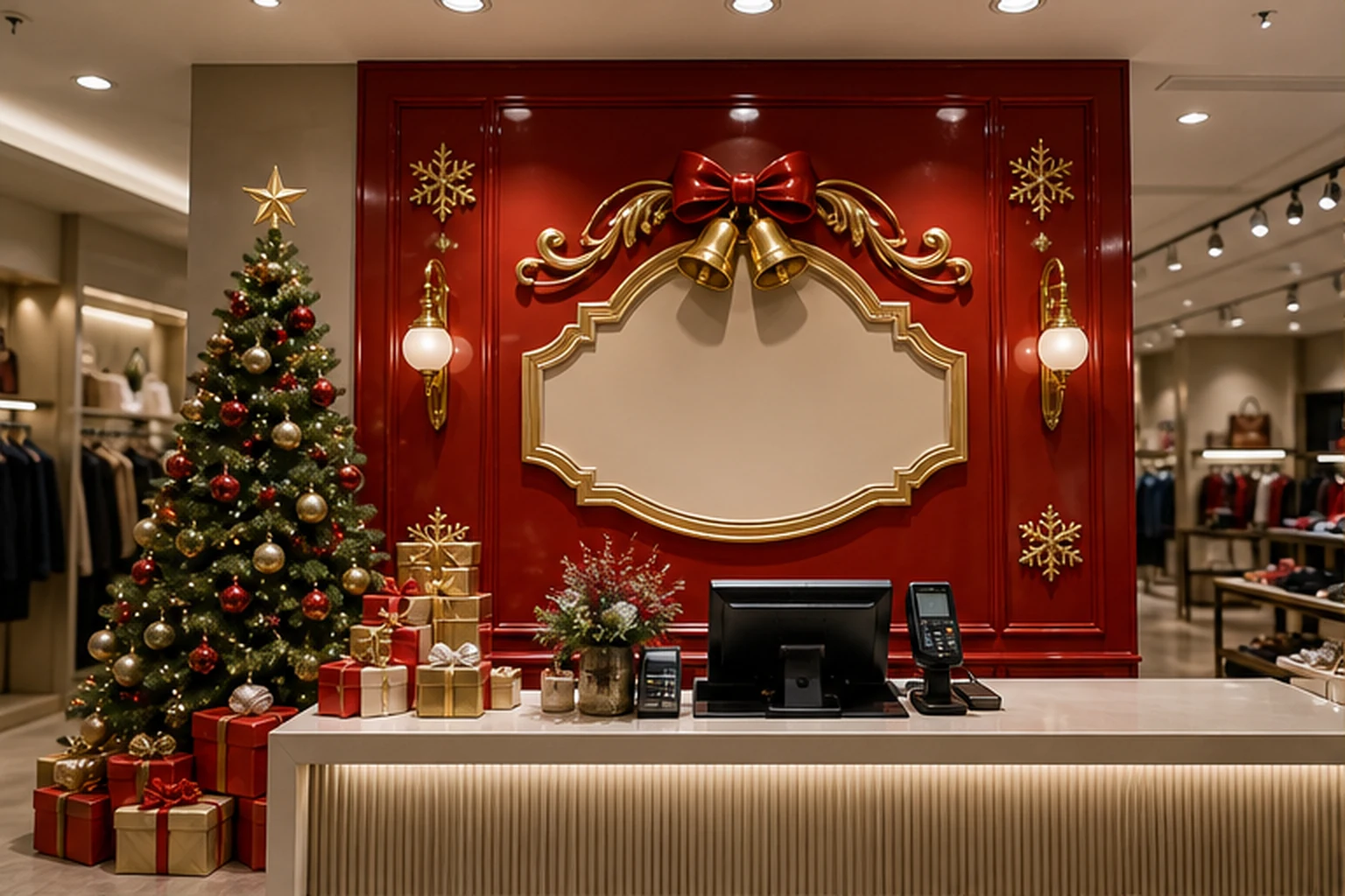 Góc cửa hàng trang trí Noel với mảng tranh phù điêu khung nổi màu vàng trên nền đỏ sau quầy tư vấn, bên cạnh cây thông và...