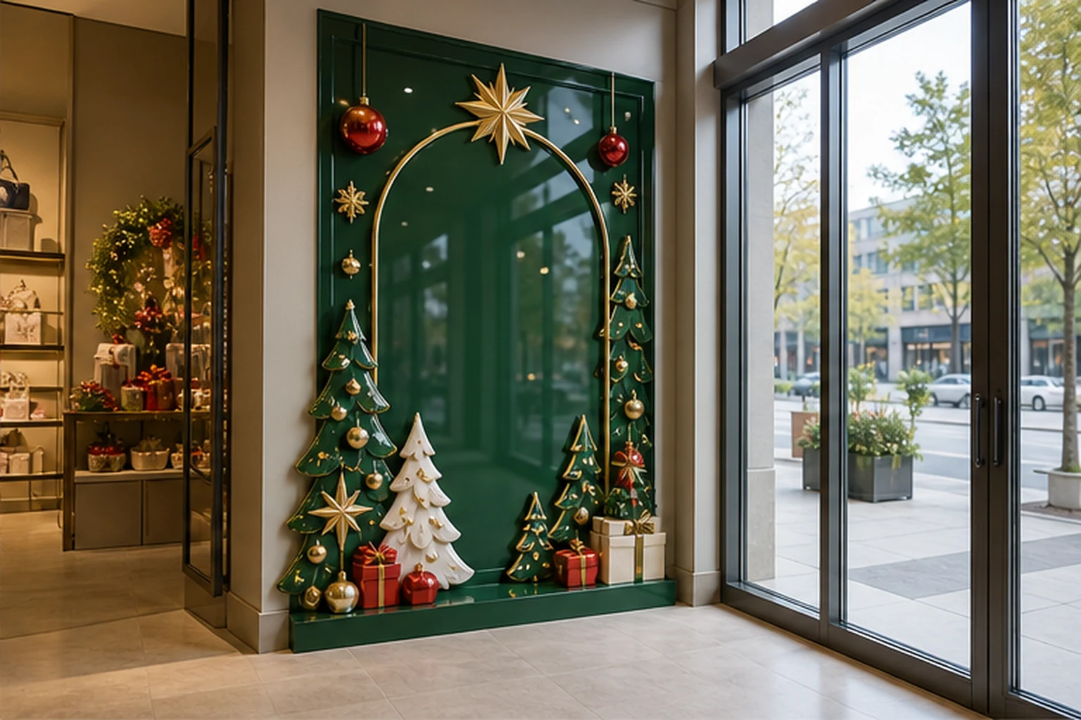 góc cửa kính shop nhỏ có tranh Noel gọn, chữ nổi composite và khoảng trống để khách chụp ảnh không che sản phẩm