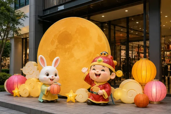cụm mô hình trăng rằm composite, lồng đèn lớn và mascot Trung thu đặt tại mặt tiền cửa hàng để minh họa điểm thu hút...