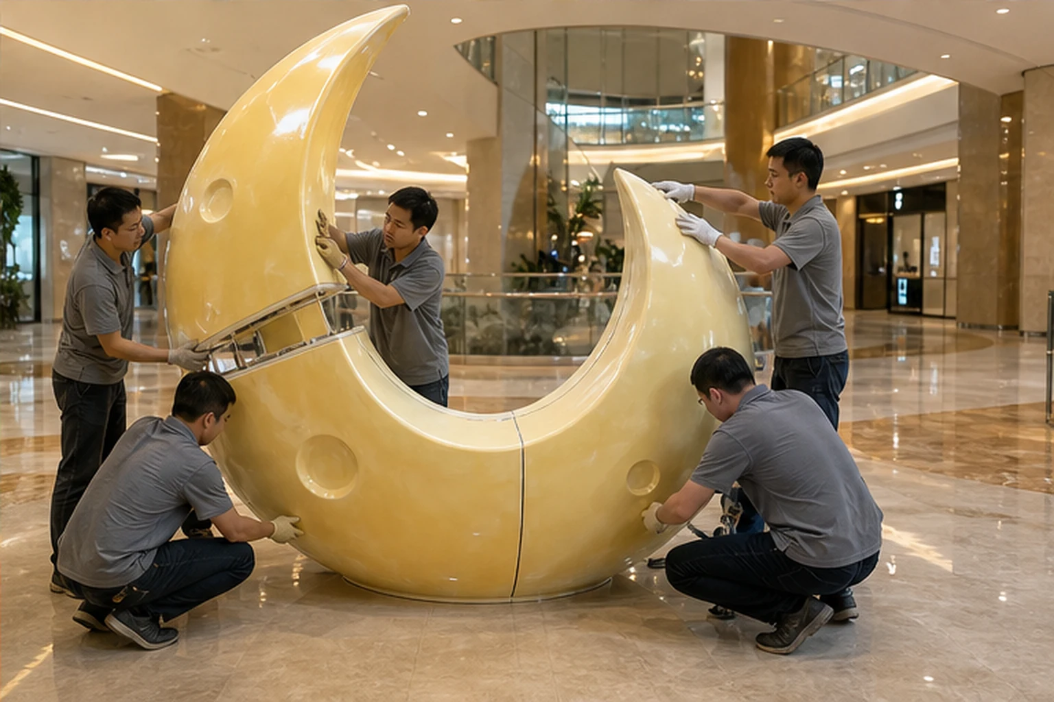 Đội thi công đang lắp ghép và kiểm tra mối nối của mô hình composite dạng trăng lưỡi liềm trong sảnh trung tâm thương mại